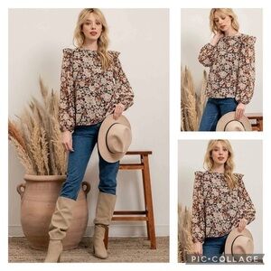 E & M Top Floral Ruffle Shimmer Tan S Garden Boho Metallic Long Sleeve High Neck